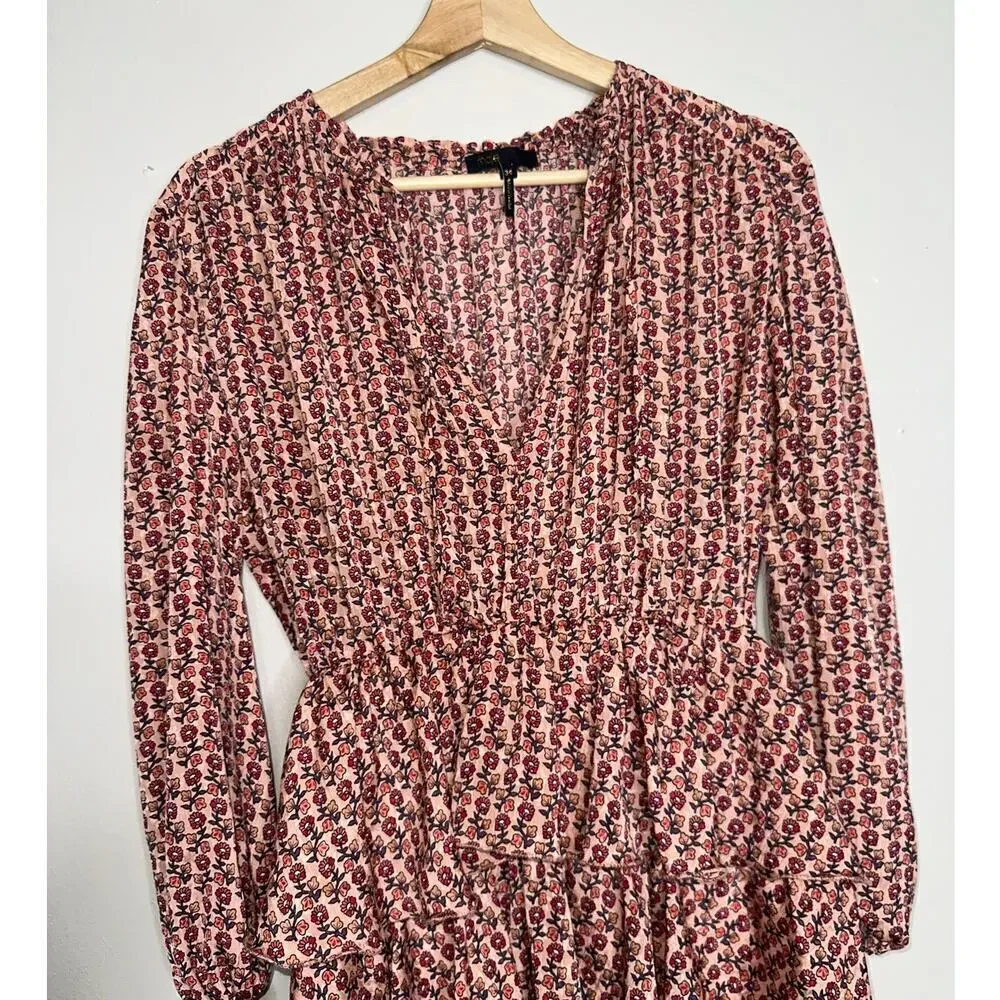 NWOT Maje Flounced Floral Printed Flowing Mini Dress Tiered Skirt Pink Size XS
